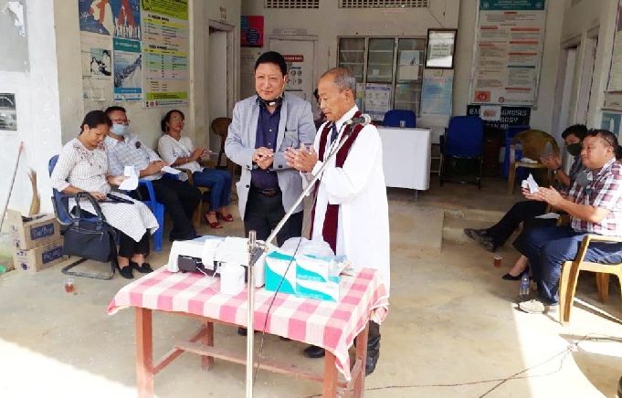 Rev K Singsit dedicating the semi-auto analyzer machine at PHC Ahtibung in the presence of Advisor Water Resources Department, Namri Nchang on October 9. (DIPR Photo)